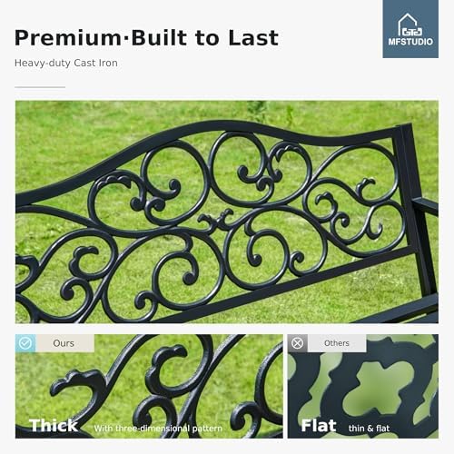 MFSTUDIO 50 Inches Outdoor Garden Bench Cast Iron Metal Frame, Floral Black