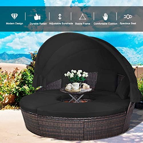 HAPPYGRILL Outdoor Daybed with Canopy, Wicker Rattan Sectional Sofa with Coff...