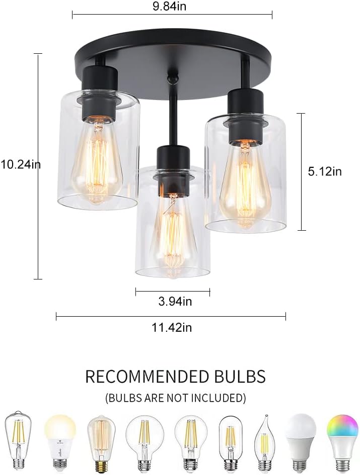 3-Light Industrial Farmhouse Black Matte Light Fixtures Ceiling Mount, with C...