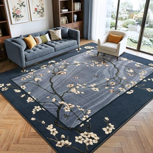 6x9 Navy Blue Oriental Floral Bird Butterfly Print Area Rug