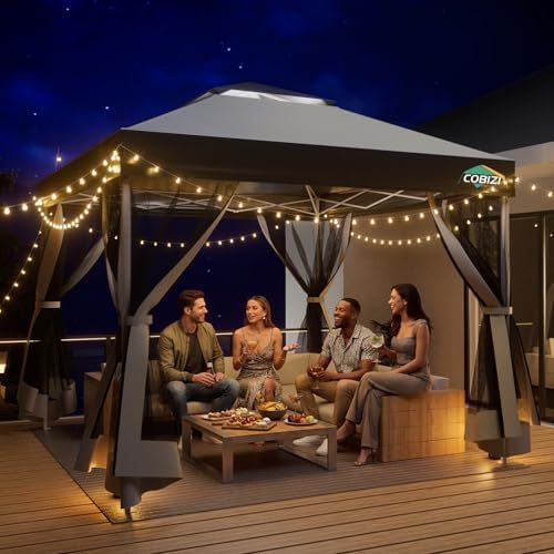 COBIZI 10x10 Pop up Gazebo, One-Push Setup Canopy Tent(Light Gray & Gray)