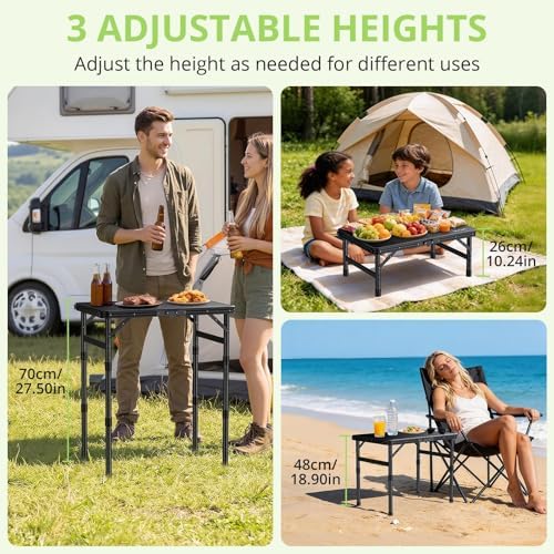 2ft Plastic Folding Camping Table, 3 Adjustable Height Waterproof Small Foldi...