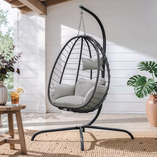 ALAULM Foldable Egg Chair with Stand, 485LBS Capacity Wicker Rattan Hammock S...