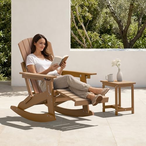 4-in-1 Adirondack Rocking Chair Set of 2, HDPE, Footrest, Teak