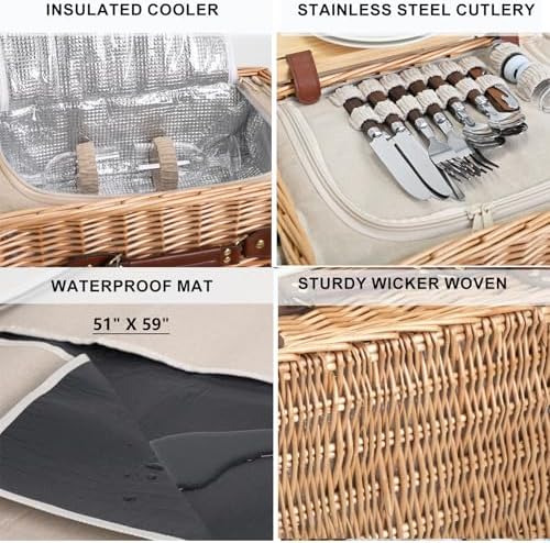 Multifunctional Wicker Picnic Basket Set for 4 with Blanket and Picnic Table,...