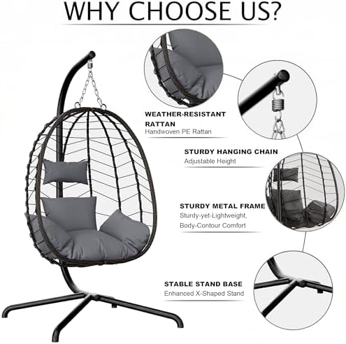 LEX CRAFT Hanging Egg Chair Wicker 350lbs Swing Outdoor Basket Cushion