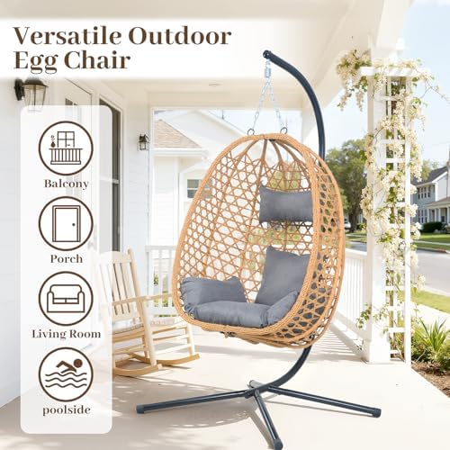 Outdoor Hanging Egg Chair with Stand,Patio Rattan Hammock Chair,Grey