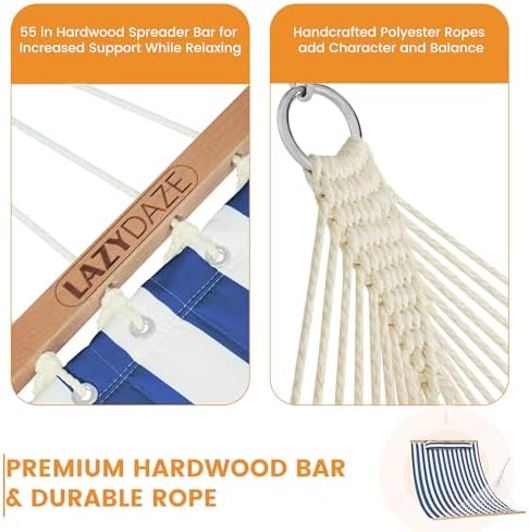 Lazy Daze Double Quilted Hammock with Pillow and Carabiners, Blue White