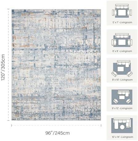 Rugxara 8x10 Blue Modern Abstract Washable Rug for Living Room