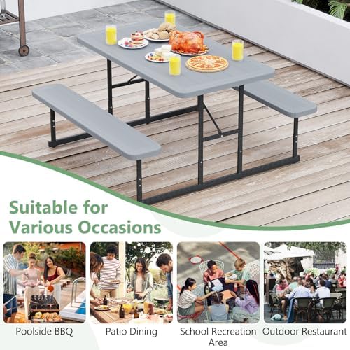 Tangkula Picnic Table, HDPE Outdoor Rectangular Table Bench Set with 2 Built-...