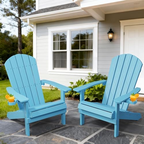 YEFU Adirondack Chair with Cup Holder, All-Weather Outdoor Chair, Blue