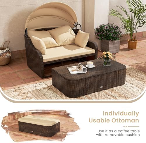 Tangkula PE Rattan Patio Daybed with Retractable Canopy, Double Lounge Bed wi...