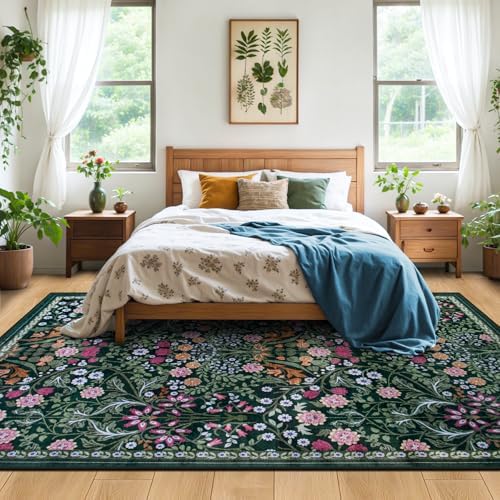 PLHXFR Area Rug Living Room: 5x7 Floral Washable Boho Carpet Dark Green