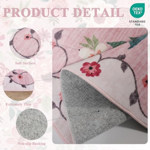 DUKINO 5x7 Area Rugs, Floral Washable Rug for Living Room Non Slip, Pink