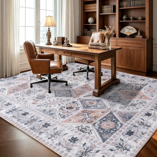 Moroccan Patchwork Washable Area Rug 6x9 for Living Room, Ivory Beige