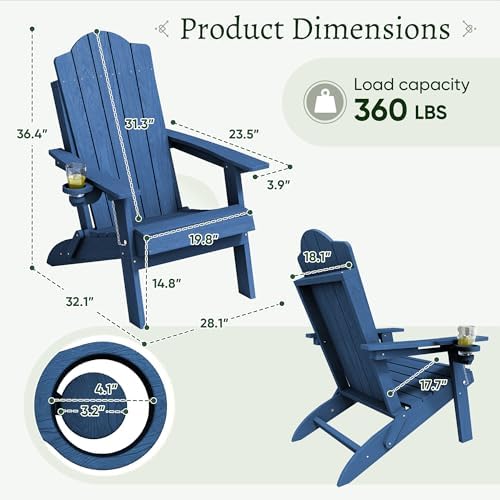 Greesum Folding Adirondack Chair Set of 2, Heavy-Duty 360LBS HDPE Outdoor Cha...