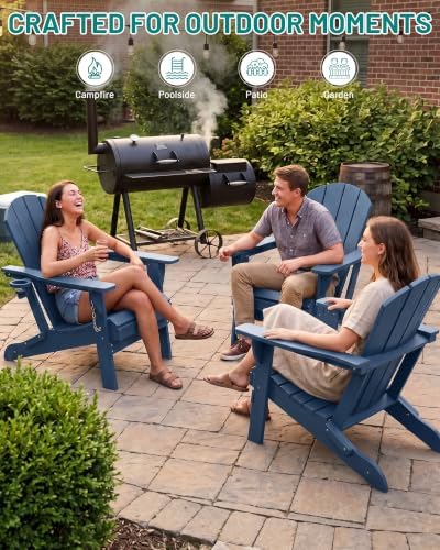 PLUUV Adirondack Chair Set of 2, Fire Pit Chairs with Cup Holder, Navy
