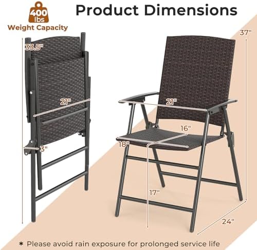 Tangkula Outdoor Folding Chairs Set of 2, Patio PE Wicker Dining Chairs with ...