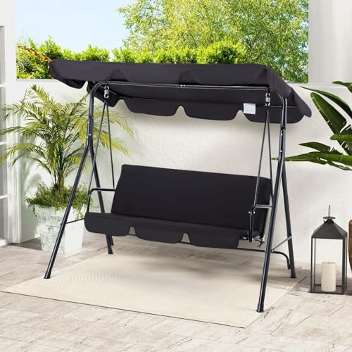 Esright 3-Seat Outdoor Porch Swing Chair with Adjustable Canopy, Balck