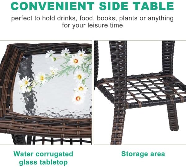 Outdoor Wicker Side Table, Rattan End with Glass Top, Patio Coffee Bistro for...