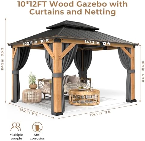 Jocoevol 10' X 12' Wood Gazebo Cedar Wooden Hardtop with Curtains &am...