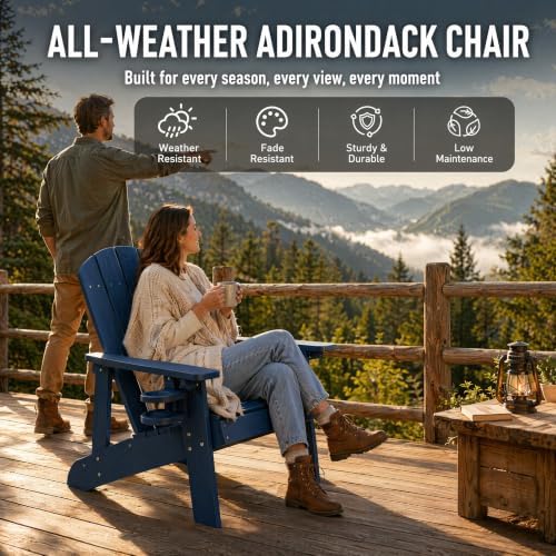Adirondack Chairs Set of 2, Outdoor Adirondack Chair with Cup Holder, HDPE Pa...