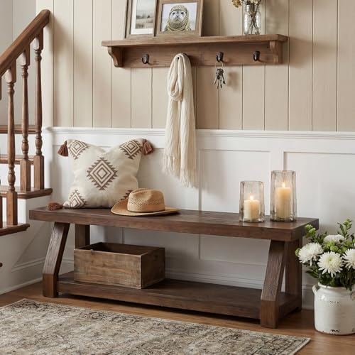 63" Solid Wood Bench, 2-Tier Entryway Bench with Shoe Storage, Rustic Ha...