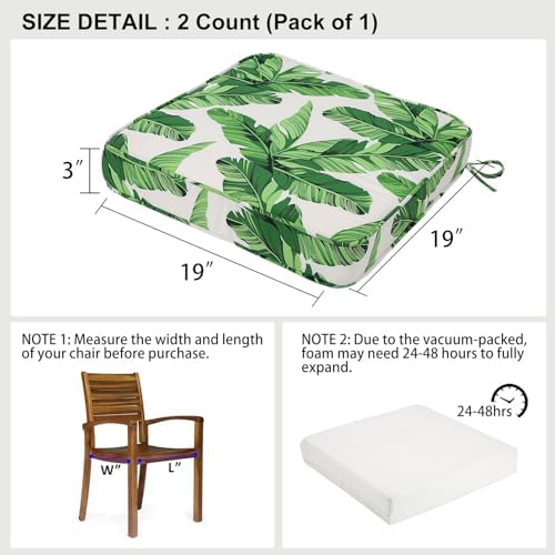 19x19x3 Inch Outdoor Square Corner Chair Cushions with Ties Set of 2, Water &...