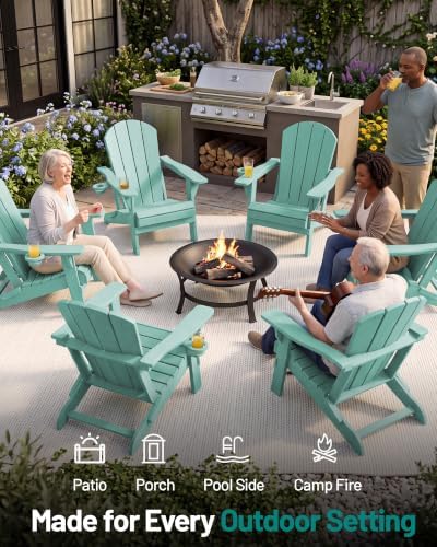 PLUUV Folding Adirondack Fire Pit Chairs Set of 2 with Cup Holder, Aruba