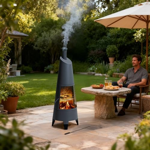 SUNJOY 57 Inch 2-in-1 Chiminea Fire Pit & Grill - Grey Metal Outdoor Chim...