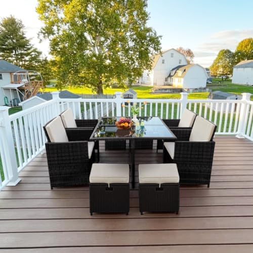 Yaheetech 9 Pcs Patio Dining Sets, Rattan Chairs w/Glass Table Black/Beige