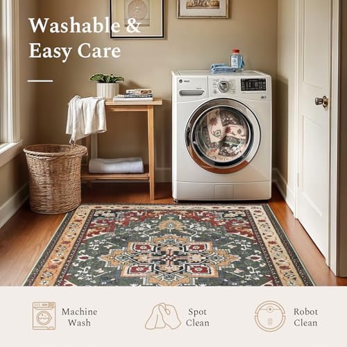 Rugflix 9x12 Area Rugs for Living Room, Washable Red Green Large Rug