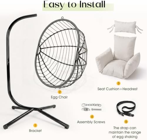 LEX CRAFT Hanging Egg Chair with Stand, Swinging Egg Chair Outdoor Indoor, Ha...