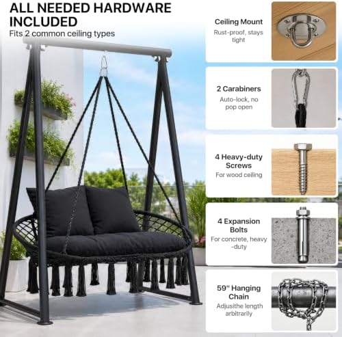 Athena Collection 2-Person Hammock Chair with Mounting Hardware Kit, Black