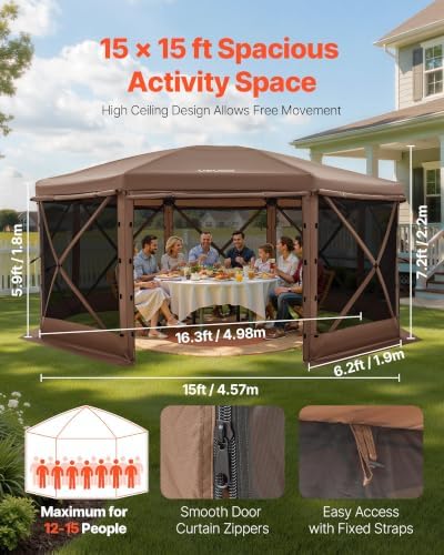 VEVOR Pop up Gazebo Screen Tent, 15 x 15 ft Large 8-Sided Camping Canopy Tent...