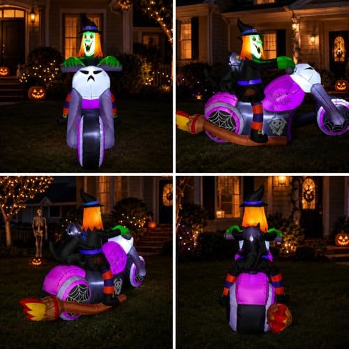 7FT Gaint Halloween Inflatables Witch on Motorcycle with Black Cat,Blow Up Ou...
