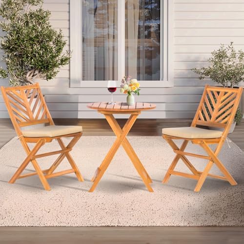 Werph 3-Piece Acacia Wood Patio Set, Foldable Bistro Table and Chairs Set