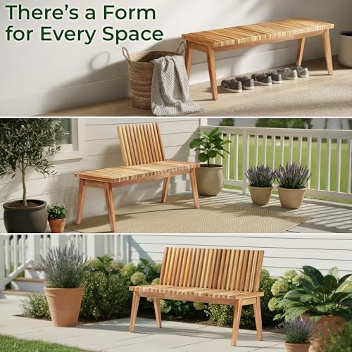 Melino Wooden Bench Outdoor 47" Convertible Acacia Wood Bench, Solid Woo...