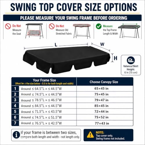 Patio Swing Canopy Replacement Top, 65x45/75x45/78x47/85x45 Outdoor 2/3 Seate...
