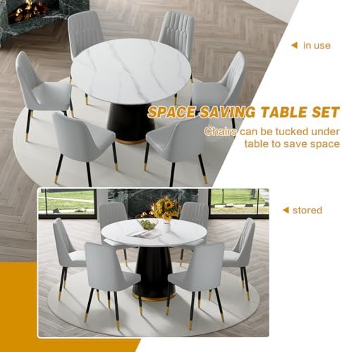 Round Dining Table Set for 6, 45" Round Wooden Dining Set with Cushioned...
