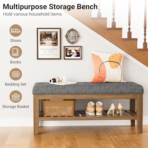 YaFiti End of Bed Storage Bench, 42.9" Entryway Shoe Bench with Solid Wo...