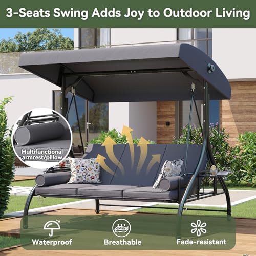 Aoxun Outdoor Porch Swing with Stand and Canopy, 3 Seats Outdoor Swings for A...