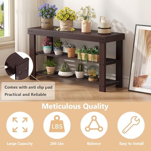 NEWBULIG Shoe Rack Bench, 3-Tier Bamboo Shoe Organizer, Wooden Entryway Stora...