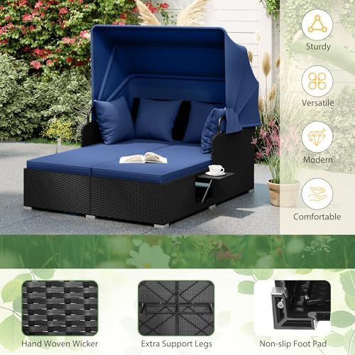 ORALNER Outdoor Daybed, 2-Person Wicker Patio Sofa with Retractable Canopy, C...