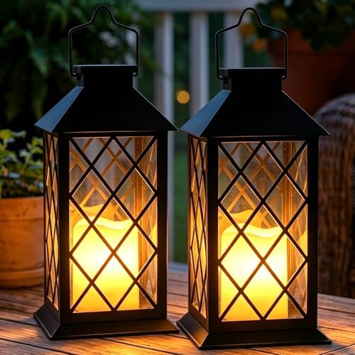 2 Pack Large Tempered Glass Solar Lanterns Outdoor Waterproof