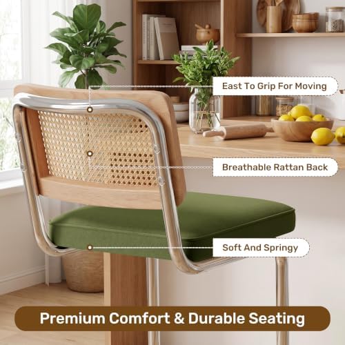 Rattan Bar Stools Set of 2 with Solid Wood Back, 26" Counter Height Bar ...