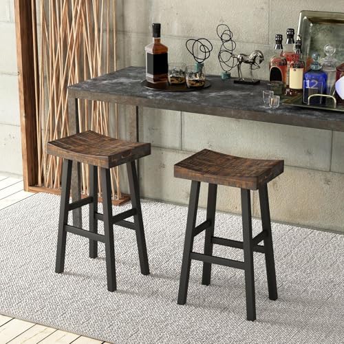 ERGOMASTER Wooden Backless Saddle Barstools Set of 2, 29-inch Bar Height Rust...