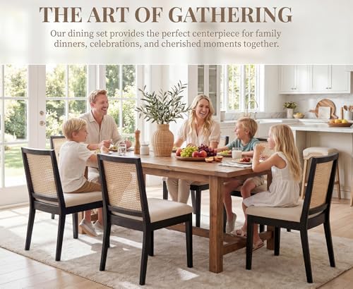 HNY Farmhouse Rattan Dining Chairs Set of 6, Black Solid Hardwood Frame, Upho...