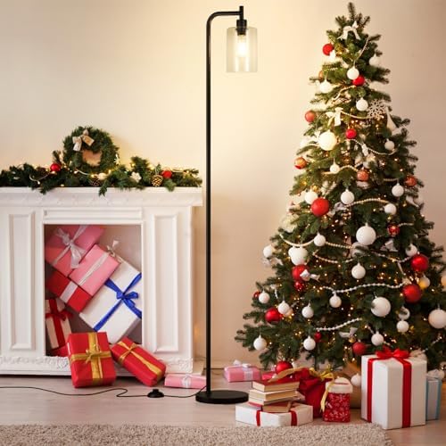 Ziisee Industrial Floor Lamp with Glass Shade - Black, LED Bulbs, Foot Pedal ...