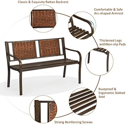 S AFSTAR Outdoor Garden Bench, Brown, Iron, Metal, Polyethylene, Rattan, 50.5...